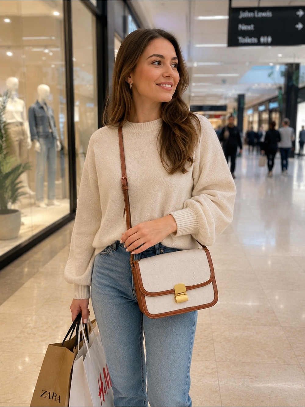 Mango Cream and Brown Crossbody Bag with Gold Lock EUC